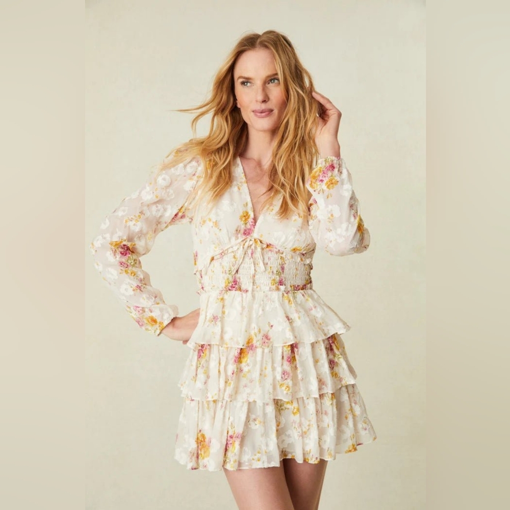 LoveShackFancy Floral Long Sleeve Dress in Cream and Pink